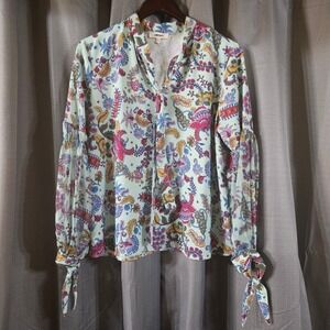 Koton Women Mint Green Paisley Floral Balloon Sleeve Tie Cuff Blouse UK 16 US L